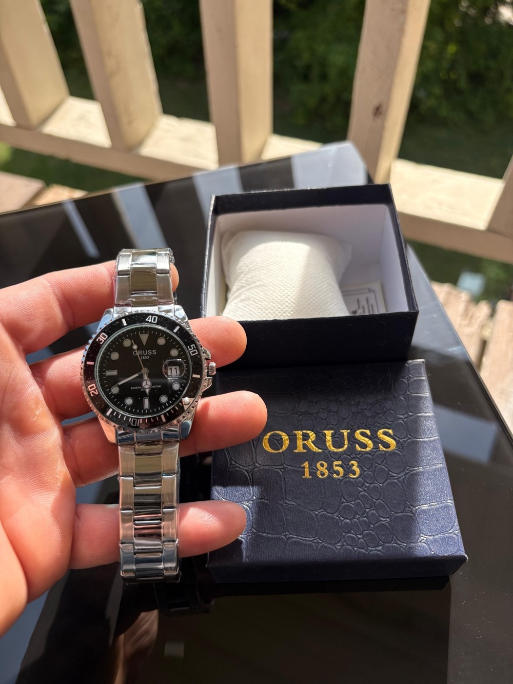 Oruss Men’s Silver Bracelet Watch with Black Dial